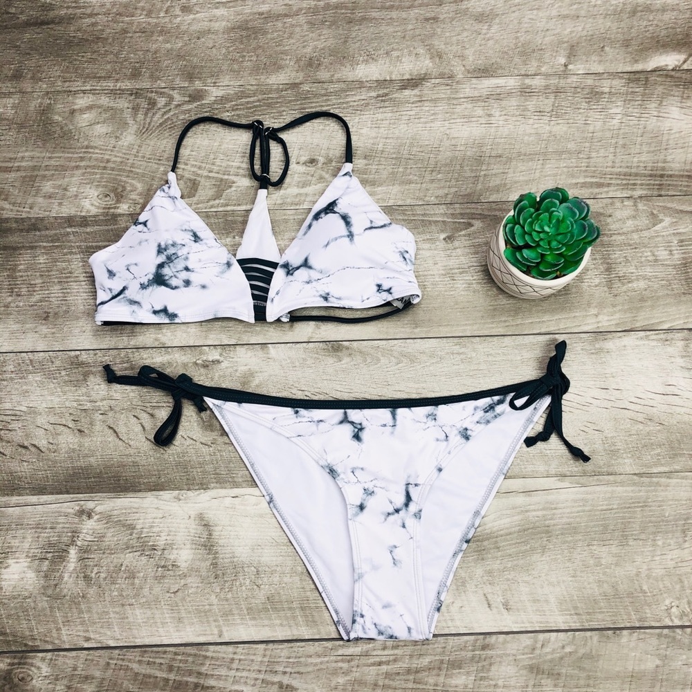 NWOT MARBLE PRINT BLACK WHITE BIKINI TWO PIECE